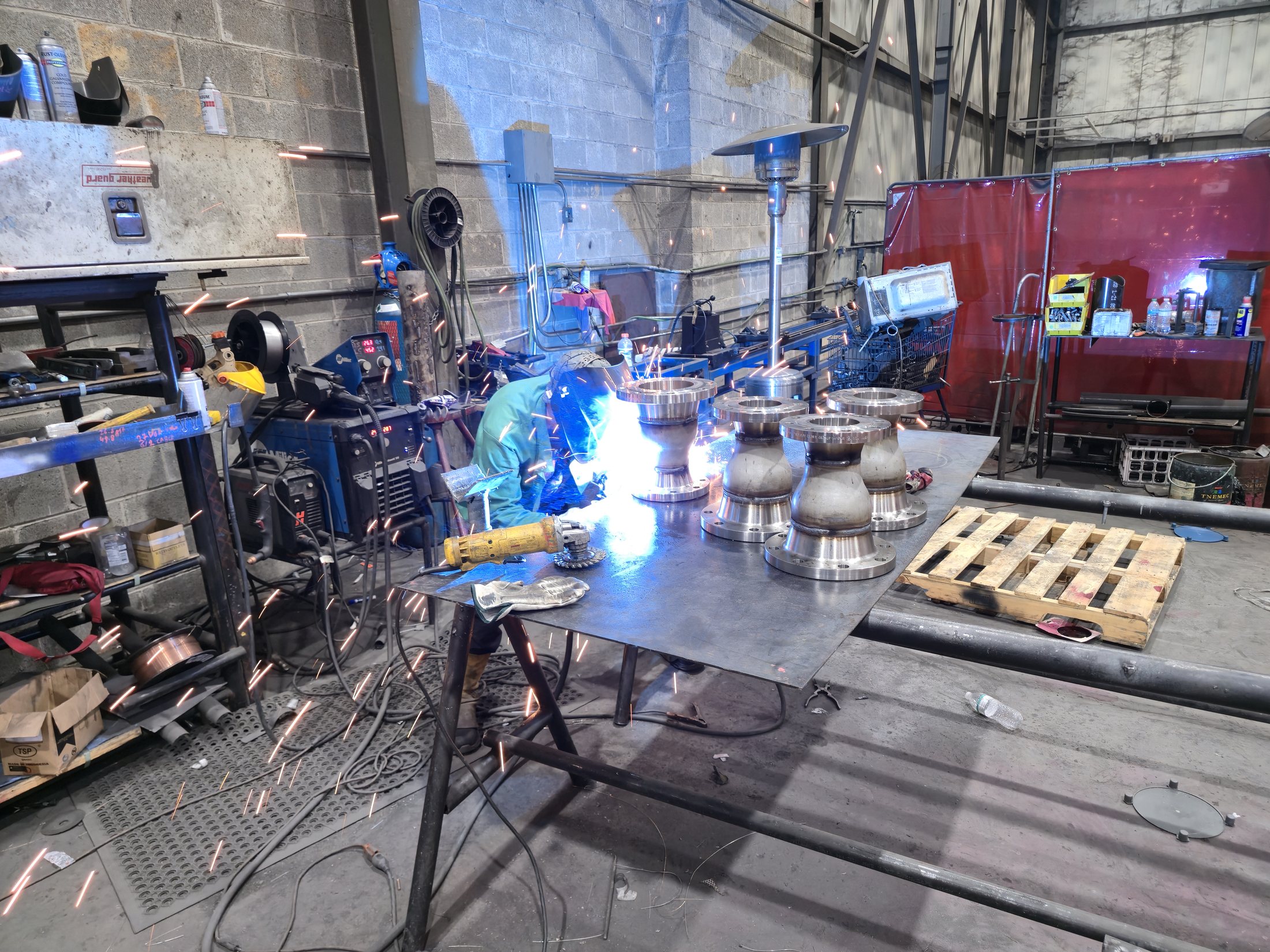 Stainless steel assemblies being welded in the Central Pipe & Supply fabrication shop